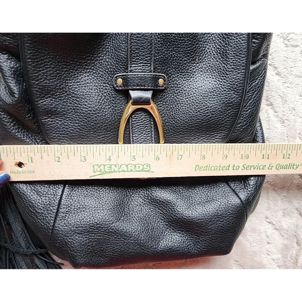 Gili Black Pebbled Leather Shoulder Bag Gold Stirrup Tassel Purse